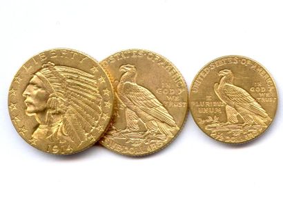 U.S.A Lot de trois monnaies US : 5 Dollars 1914 San Francisco, 5 Dollars 1909 et...