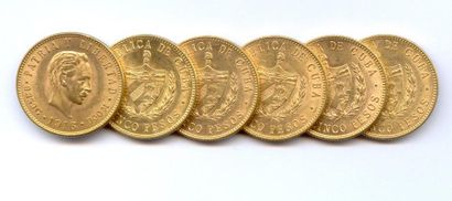 CUBA Lot de six monnaies : 5 Pesos 1916 Philadelphie. Superbes.