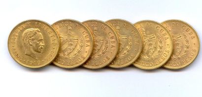 CUBA Lot de six monnaies : 5 Pesos 1916 Philadelphie. Superbes.