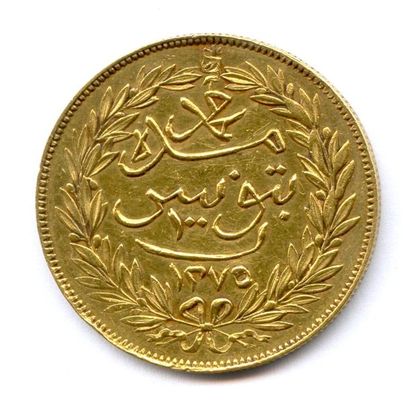TUNISIE MOHAMMED Bey de Tunis 1855-1859 100 Piastres 1275 (1858). 19,45 g Fr 1 Très...