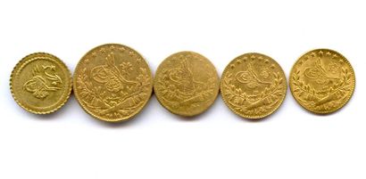  EMPIRE OTTOMAN - Lot de cinq monnaies des sultans : demi-altin Mahmud II 1223 (1818),...