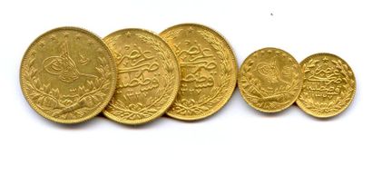 null EMPIRE OTTOMAN - Lot de cinq monnaies du sultan MOHAMED V : 100 Piastres an...