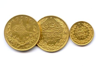 null EMPIRE OTTOMAN - Lot de trois monnaies du sultan MOHAMED V : 100 Piastres an...