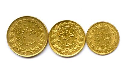 IRAN Lot de trois monnaies des Shahs d'Iran : 2 Tomans et Toman de Nasredin Shah...