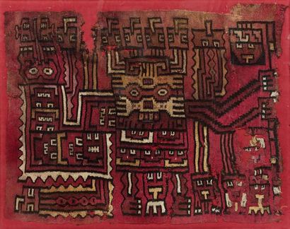 null Textile. Nazca. Pérou, 400 à 600 après J.C; laine, teintures Rare textile représentant...