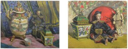FRANCIS JOURDAIN (1876-1958) Compositions aux magots chinois. Paire d'huiles sur...