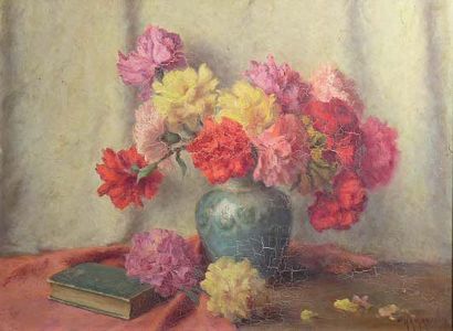 Gaston HAMANOVICK (XXème). Bouquet d'oeillets au livre. Huile sur toile signée en...