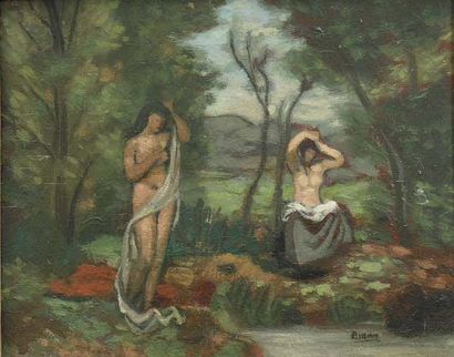 Roger BISSIÈRE (1886-1964) Deux nus sous les arbres, 1927 Huile sur panneau signé...