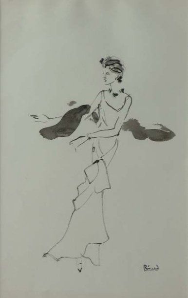 Christian BERARD (1902-1949). Jeune femme en tenue de soirée. Encre et lavis porte...