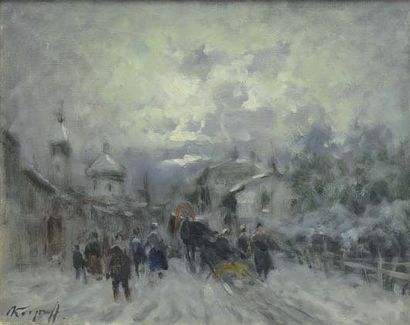 Ivan KARPOFF (1898-1970). Ville sous la neige. Toile signée en bas à gauche. 40 x...