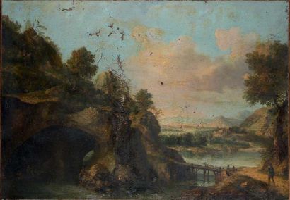 Attribué à Gianbattista CIMAROLI (vers 1687 - après 1753) Paysage de montagne traversé...