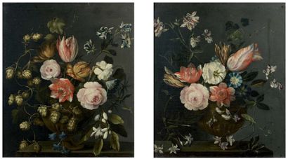 Attribué à Johann Martin METZ (1717 - vers 1790). Bouquets de fleurs sur un entablement....