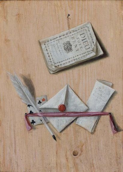 Gabriel GRESLY (1712-1756) Trompe l'oeil au pèle mêle de livre, lettres et cartes...