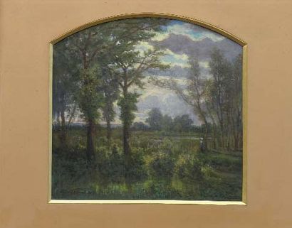 Hector ALLEMAND (1809-1886) Paysage animé Aquarelle cintrée dans sa partie haute,...