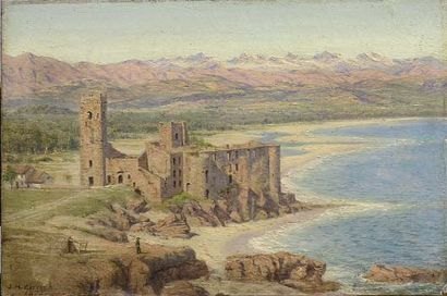 CARRICK M. (1832 - 1896 ) Château de La Napoule, 1875 Huile sur carton, signé en...