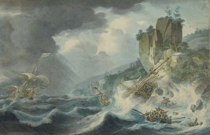 Attribué à Martinus SCHOUMAN (1770 - 1848) Scène de naufrage Aquarelle 33 x 52 c...
