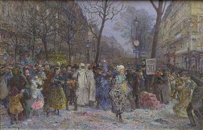 Frédéric Anatole HOUBRON (1851-1908). Carnaval sur les grands boulevards. Gouache...