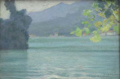 Victor CHARRETON (1864-1936). Reflets sur le lac d'Annecy, matin d'automne. Huile...