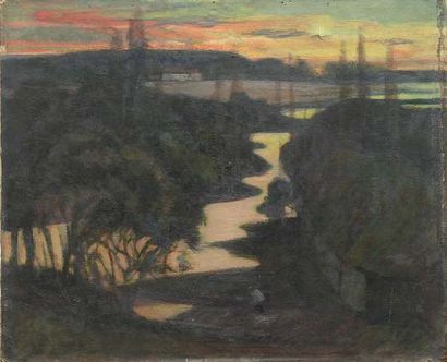 Victor CHARRETON (1864-1936). Crépuscule sur le marais. Huile sur toile signée en...