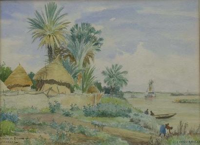 Gaston ROULLET (1847-1925) Village de Richard Toll, Sénégal Aquarelle signée en bas...