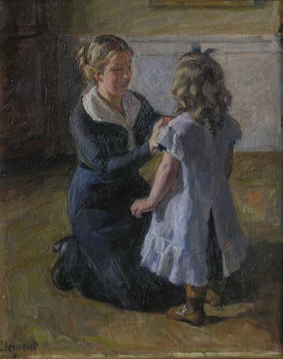 G.F. CLEMENT (1867-1933) Mère et fille : l'habillage Huile sur toile signée Clement...