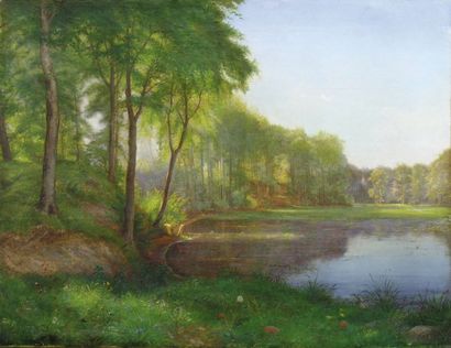 Peter BUSCH (186l-l942) Paysage au bord de l'étang Huile sur toile signée en bas...