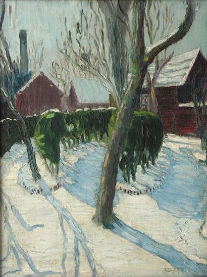 N. KREUGER (1858-1930) Paysage de neige, le village Huile sur toile signée en bas...
