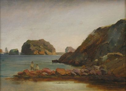 Carl Frederik SORENSEN (1818-1879) Paysage côtier avec deux enfants Huile sur toile...
