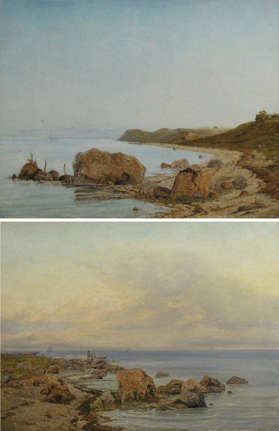 Janus LA COUR (1837-1909) Bords de mer Paire d'huiles sur panneaux ; l'une monogrammée...