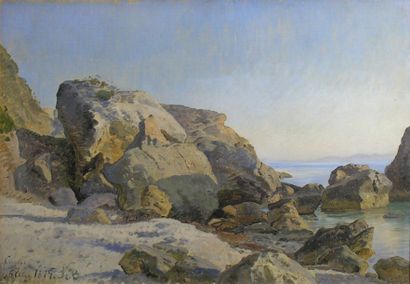 Janus LA COUR (1837-1909) Les rochers à Capri Huile sur papier ou carton contrecollée...