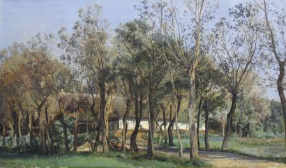 Janus LA COUR (1837-1909) Maison dans les bois Huile sur toile signée et datée «...
