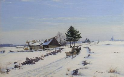 Sigvard HANSEN (1859-1938) Scène hivernale, la promenade en traineau Huile sur panneau...
