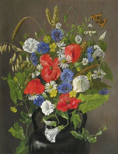 Emma MULVAD (1833-1903) Bouquet de fleurs des champs au papillon Huile sur toile...