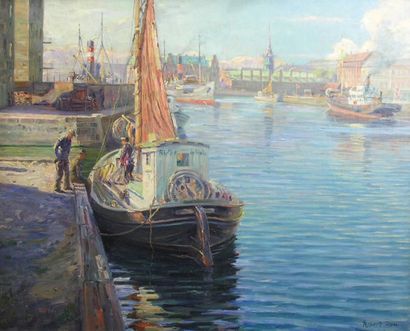 Robert PANITZSCH (1879-1949) Le port de Copenhague Huile sur toile signée Robert...