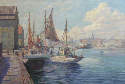 Robert PANITZSCH (1879-1949) Le port de Copenhague Huile sur toile signée Robert...