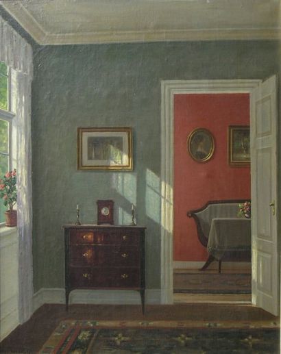 Hans HILSØE (XXème siècle) Scène d'intérieur Huile sur toile signée H. Hilsøe en...