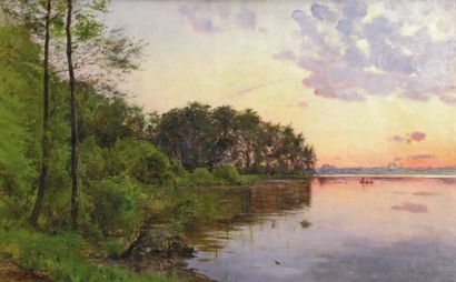 Frederik WINTHER (1853-1916) Etang, soleil couchant Huile sur toile signée Fr. Winther...