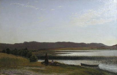 Vilhelm KYHN (1819-1903) Halte au bord de l'eau Huile sur toile monogrammée en bas...