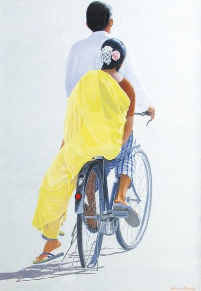 arnaud D'AUNAY . Sari jaune à Pondichery. Tempera sur toile. 115 x 80 cm. Signé en...