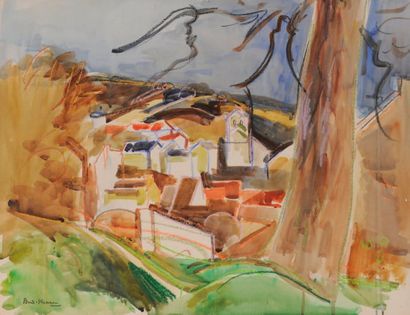 André PLANSON (1898-1981). Paysage. Aquarelle et crayons de couleur signée en bas...