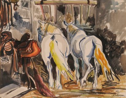 Yves BRAYER (1907-1990). L'Ecurie en Camargue, 1955. Aquarelle signée en bas à droite....