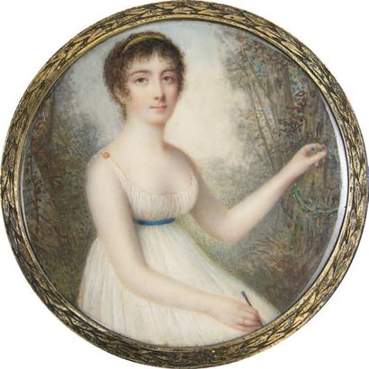 ECOLE FRANÇAISE vers 1795 Portrait de jeune fille en robe blanche et ruban bleu....