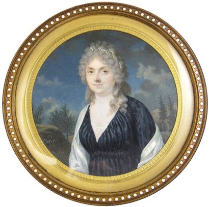 Charles Pierre CIOR (Paris 1769- 1840) 1796 Femme en robe noire Miniature ronde,...