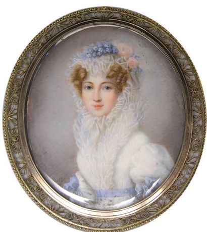 Rodolphe BELL (Payerne ?- 1849) Portrait d'une jeune femme en buste,en robe blanche...