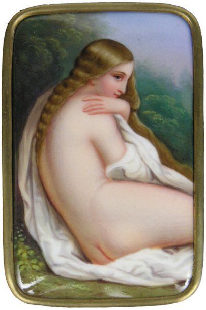 ECOLE FRANÇAISE XIXe siècle. Femme nue, vue de dos, à la longue chevelure. Miniature...