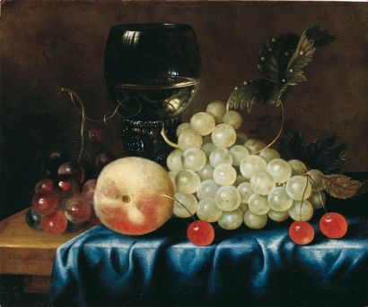 Cornelis de BRYER (actif vers 1650) Nature morte de raisins, pêche et cerises et...