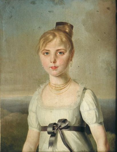 ECOLE FRANCAISE début XIXème s. Portrait de jeune femme au peigne. Toile. 55cm x...
