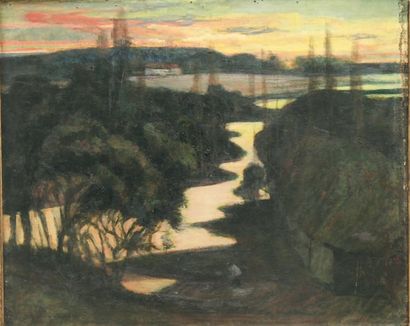 Victor CHARRETON (1864-1936). Crépuscule sur le marais. Huile sur toile signée en...