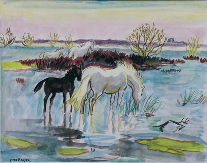 Yves BRAYER (1907-1990). Les chevaux au bord de l'étang en Camargue. Aquarelle signée...
