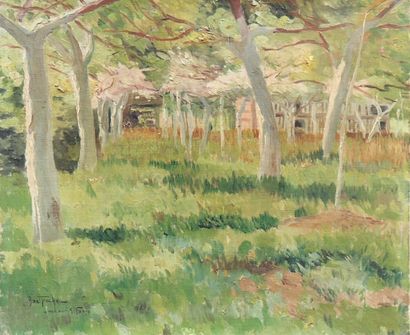 Abel TRUCHET (1857-1918). Chaumière dans la forêt. Huile sur toile signé en bas à...